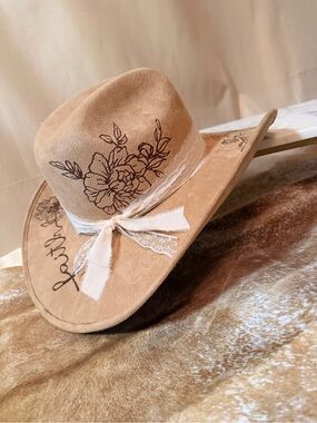 Custom burned cowgirl tan suede Wide Brim Hat with Lace Band